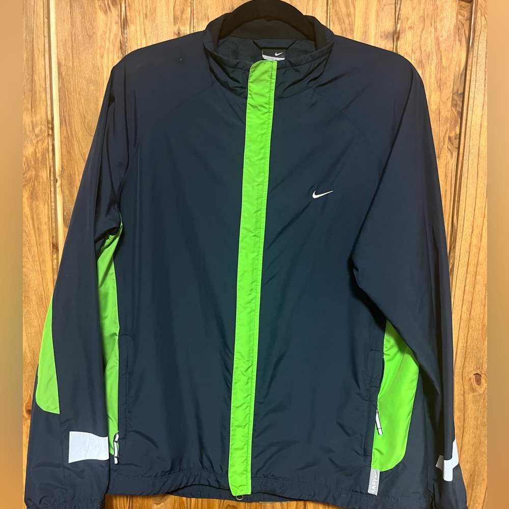 Nike running jacket. Green and Navy blue. Size large.